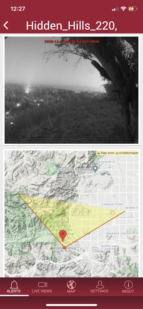 view from a mobile app monitoring the area for sources of smoke and fire