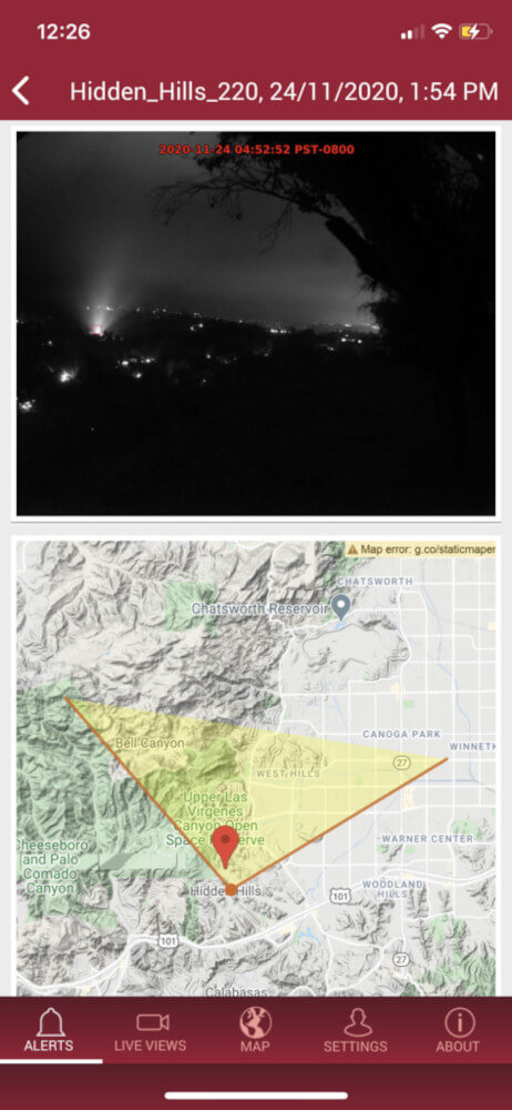 view from mobile app monitoring the area for sources of smoke and fire infrared view