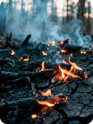 Smoldering forest floor with small flames and thick smoke during fire seasons, illustrating the growing threat of Human-caused wildfires in dry woodland areas.